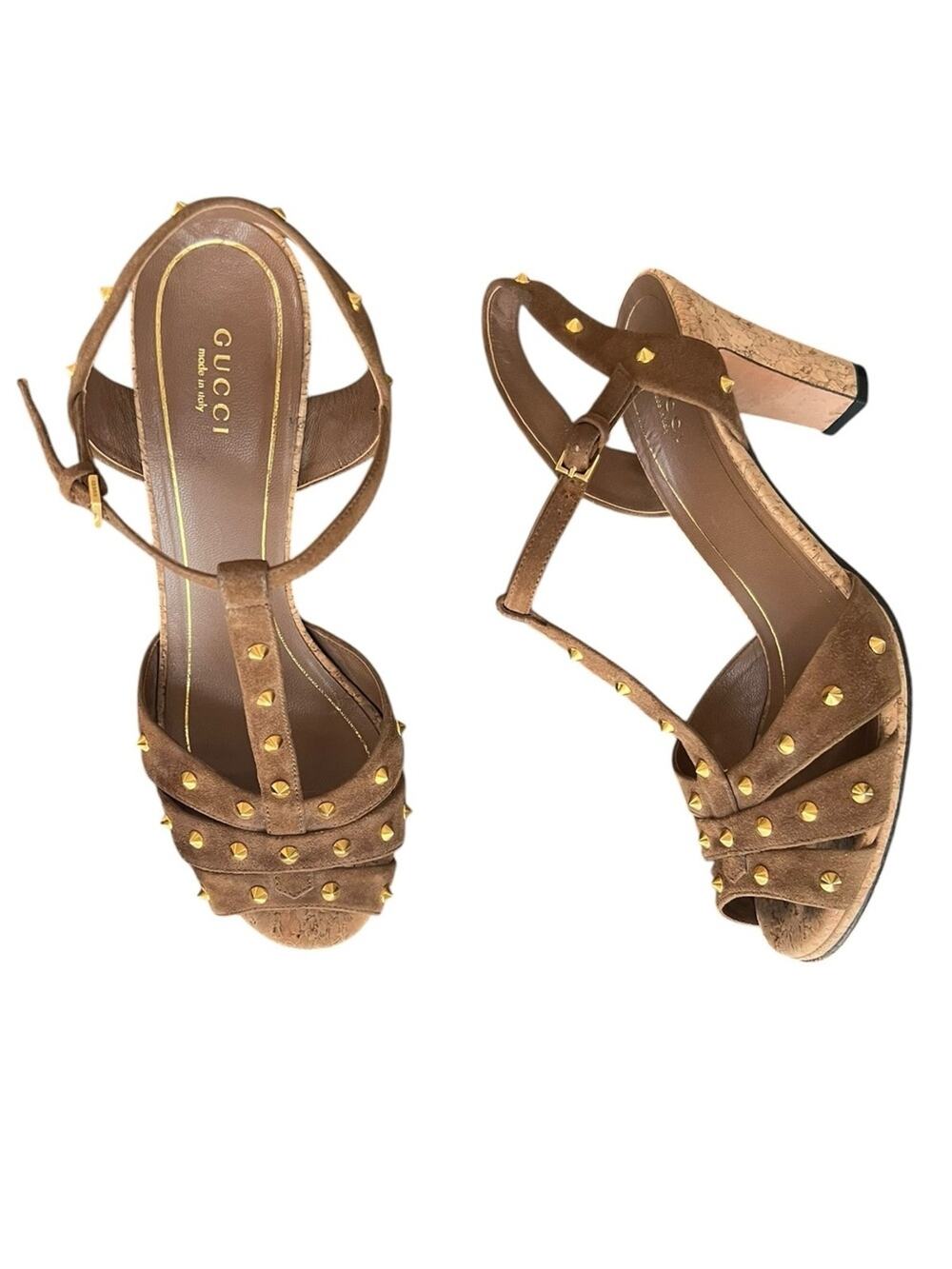 Gucci Women’s Jacquelyne Brown Suede Gold Studded Cork Block Heels Size 39